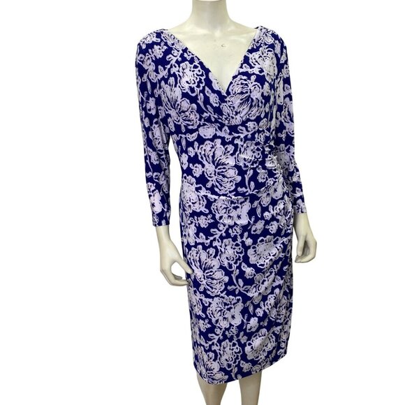 Lauren Ralph Lauren Faux Wrap Floral V-Neck Dress With 3/4 Sleeves 16 - Picture 2 of 8